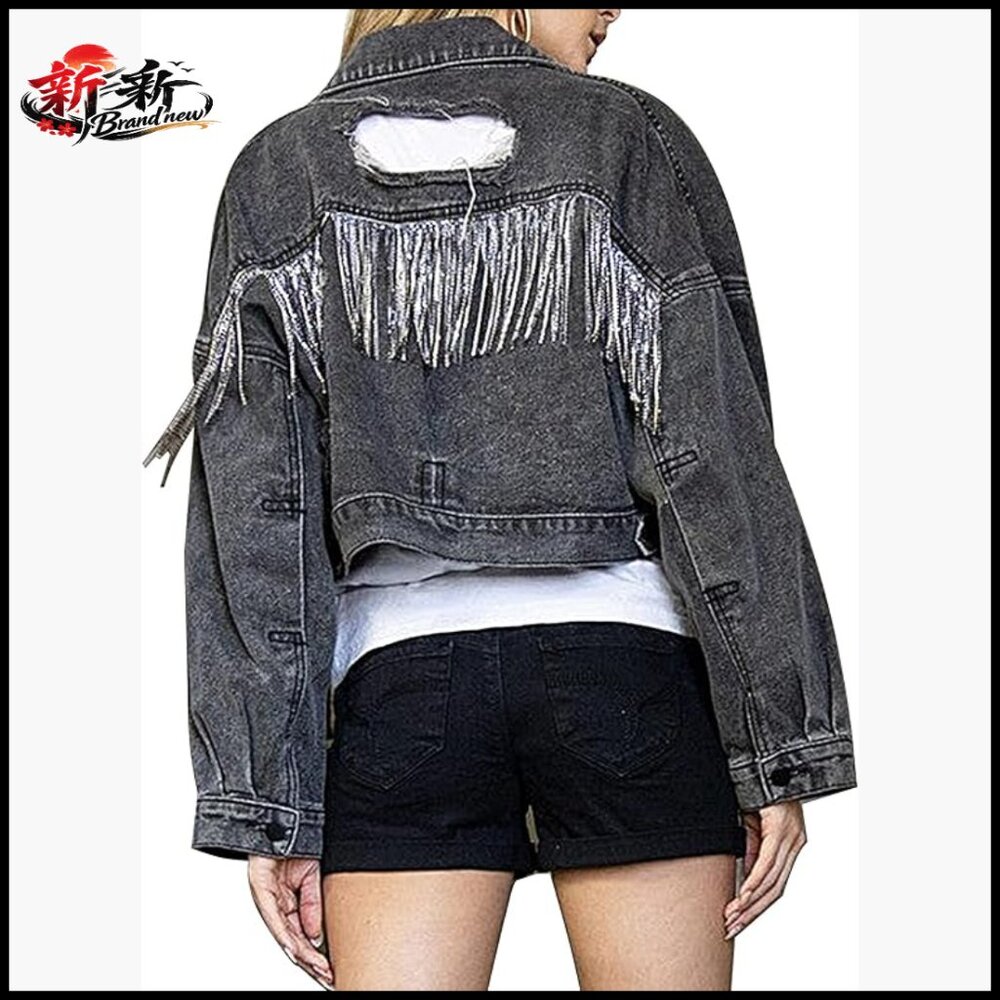 Rhinestone Fringe Crop Denim Jacket Loose Fit Distressed Cowgirl